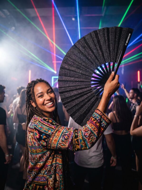 Festival Fan – czarny z brokatem, eleganckie akcesorium na Rave i CSD