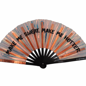 Wachlarz festiwalowy „MAKE ME SWEAT” z holograficznym wzorem w kolorze różowego złota – Rave