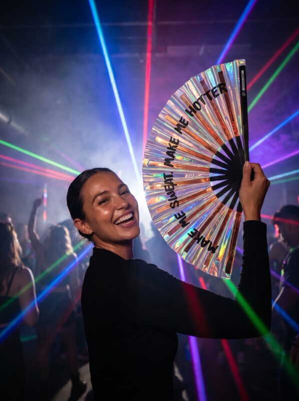 Festival Fan „MAKE ME SWEAT” – holograficzny, w kolorze różowego złota, w stylu Rave