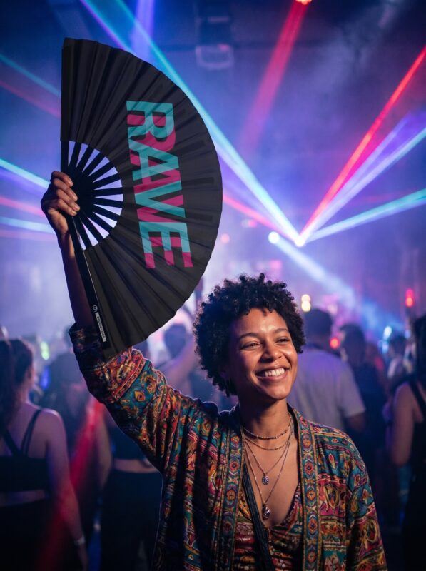Festival Fan „RAVE” – czarny, turkusowo-różowy, akcesorium w stylu Techno i Rave